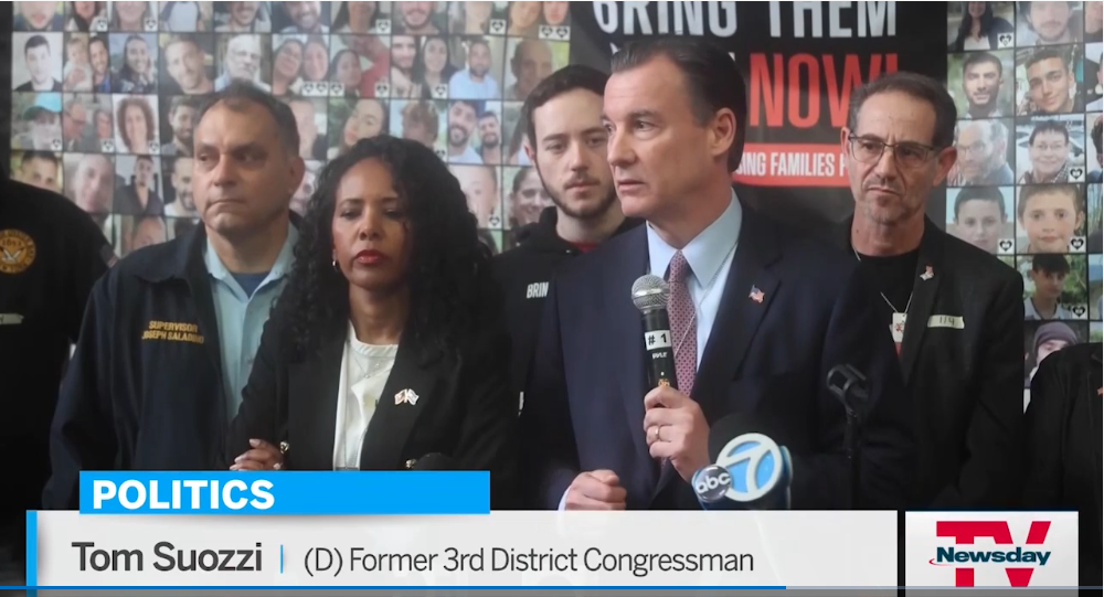 Democrat Tom Suozzi and Republican candidate Mazi Melesa Pilip appeared together on Sunday to call for the release of the Israeli hostages. Credit: James Carbone